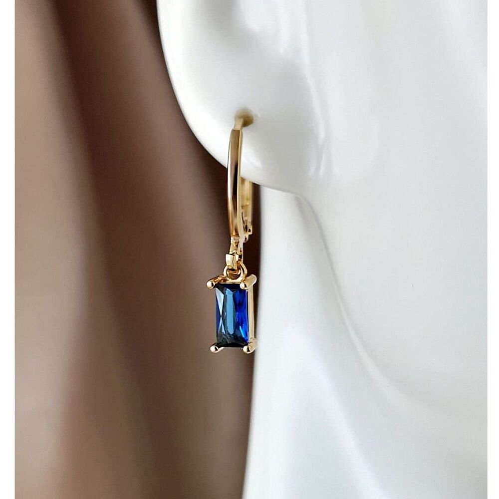 Emerald Cut Blue Rhinestone Pendant Gold Hoop Drop Earrings Dangle Crystal Charm - Picture 3 of 3
